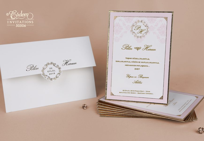 Faire part mariage rigide rose et doré