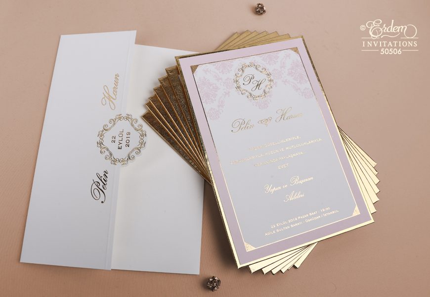 Faire part mariage rigide rose et doré