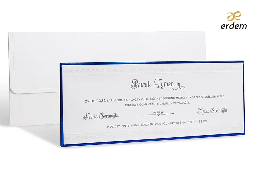 Faire part mariage bleu et argent rectangulaire