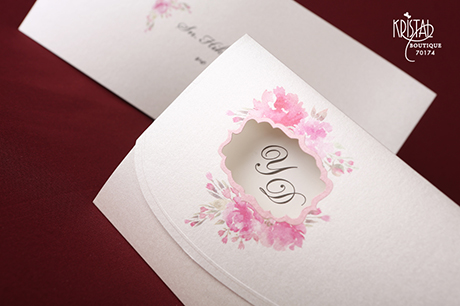 Faire part fleuri rose et beige avec ouverture