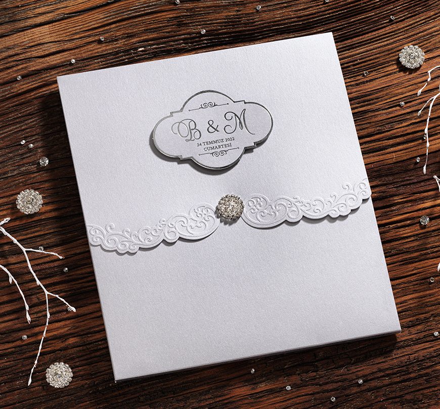 Faire part dentelé gris rigide en forme de portail