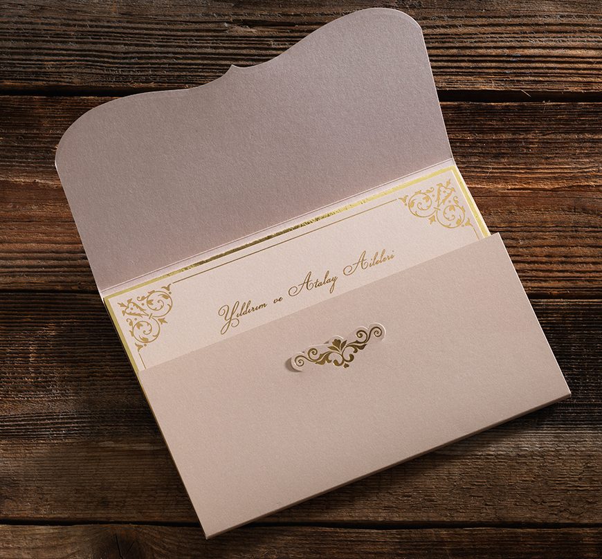 Faire part mariage rigide rose poudré et doré