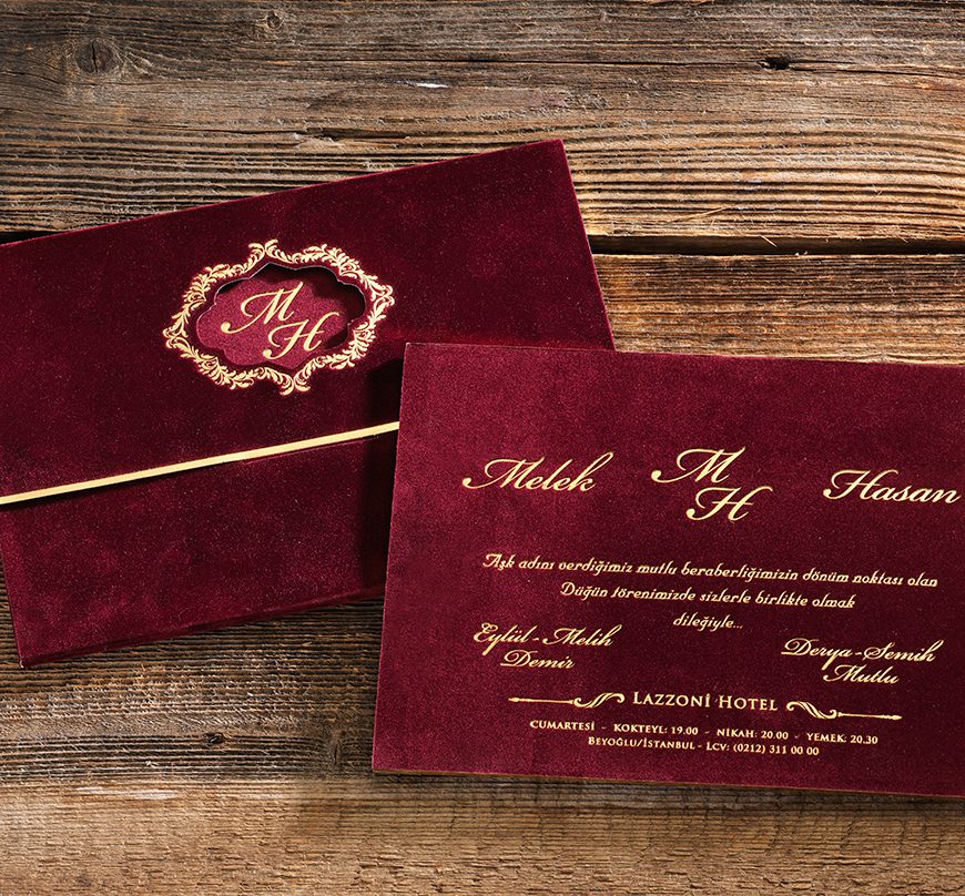 Faire part mariage luxe en velours bordeaux et en dorure