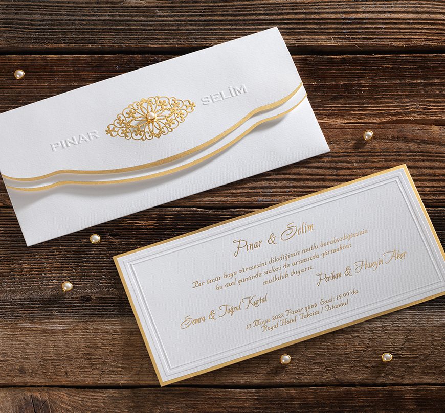 Faire part mariage de luxe blanc et doré avec enveloppe