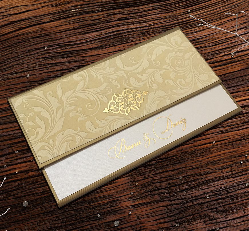 Faire part de luxe dépliable marron et doré