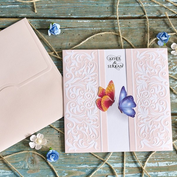 Faire part rose papillons avec enveloppe