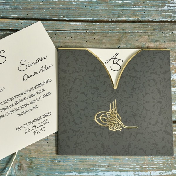 Faire part mariage oriental vert avec calligraphie