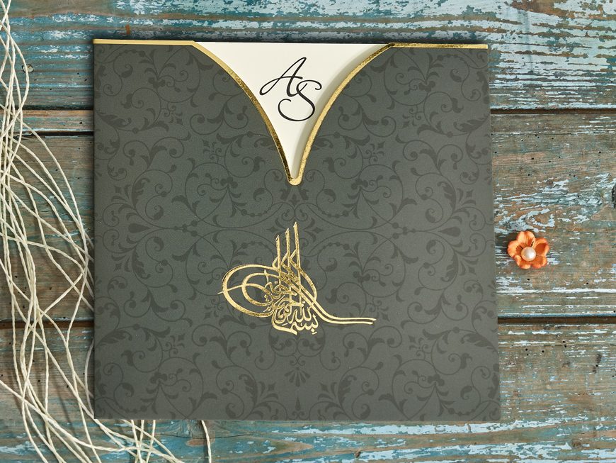 Faire part mariage oriental vert avec calligraphie