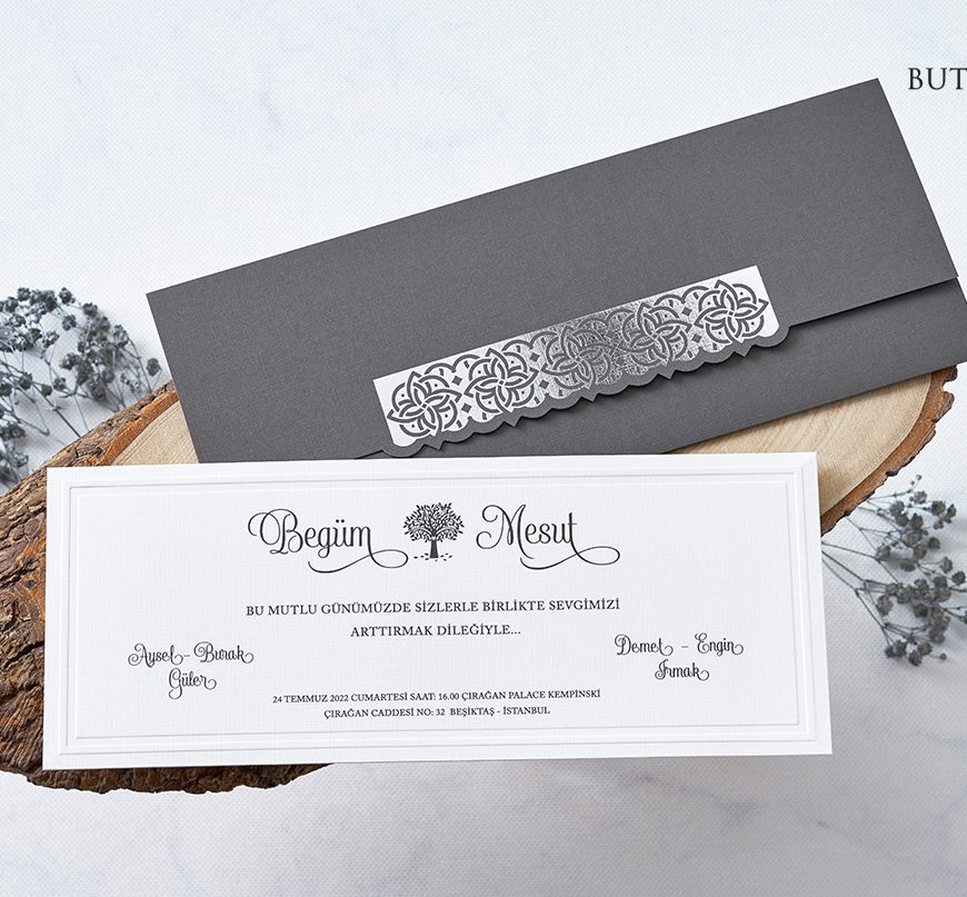 Faire part rectangulaire gris et blanc avec enveloppe