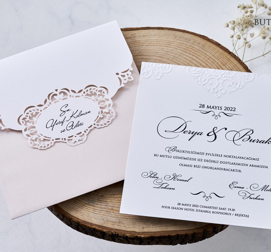 Faire part ciselé rose et blanc avec enveloppe