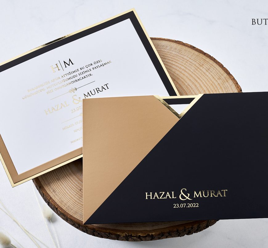 Faire part élégant noir et beige avec pochette