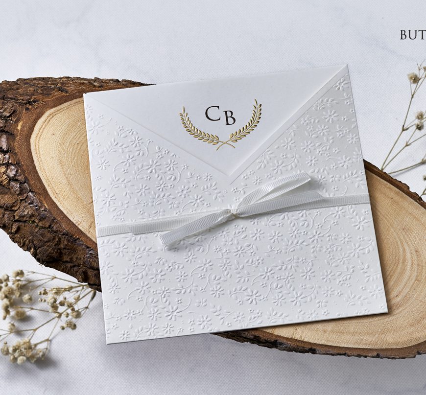Faire part sobre blanc et doré avec noeud