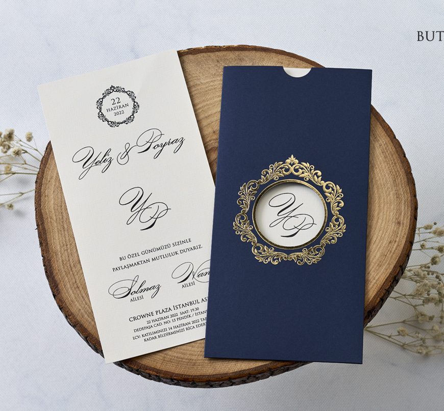 Faire part mariage bleu et doré avec pochette