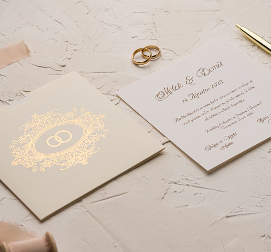 Faire part doré et beige avec alliance