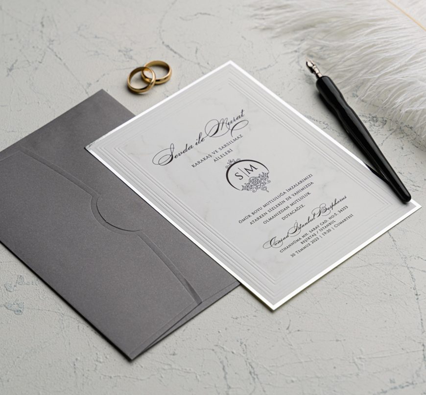 Faire part simple marbré contour argenté