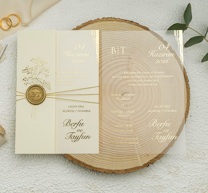 Faire part plexiglas beige dorée