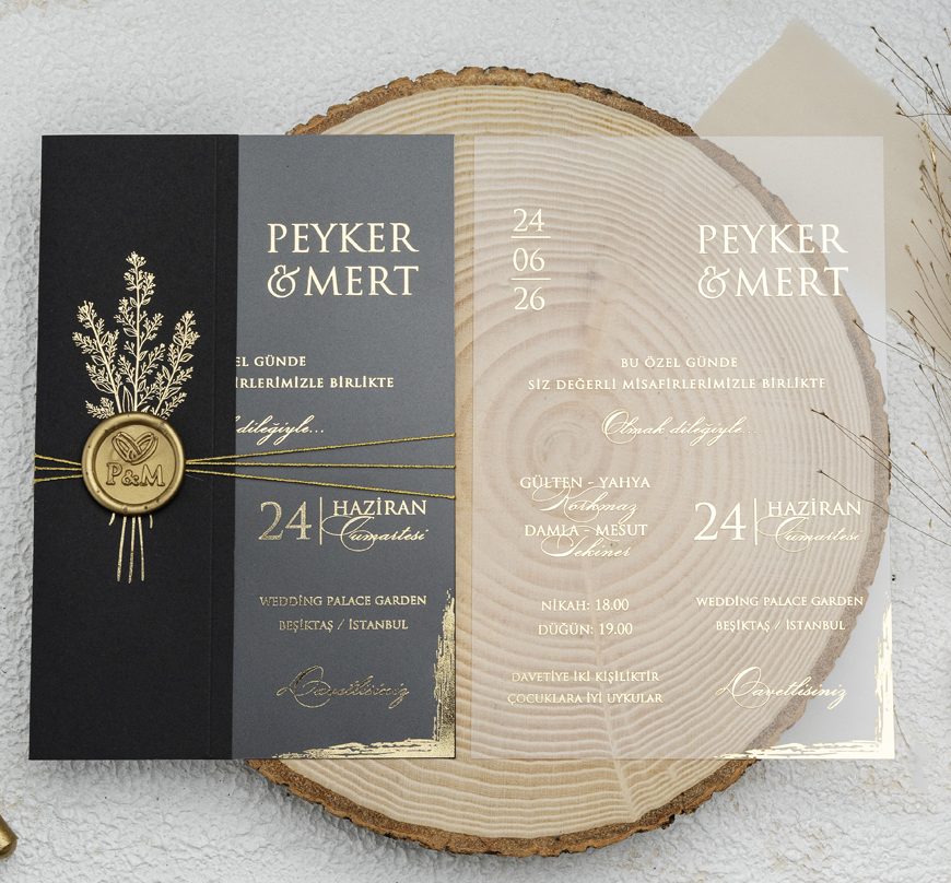 Faire-part mariage noir dorée plexiglas