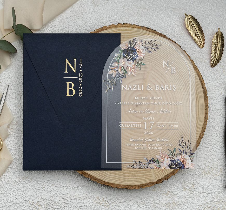 faire-part mariage plexiglas fleurie bleu nuit