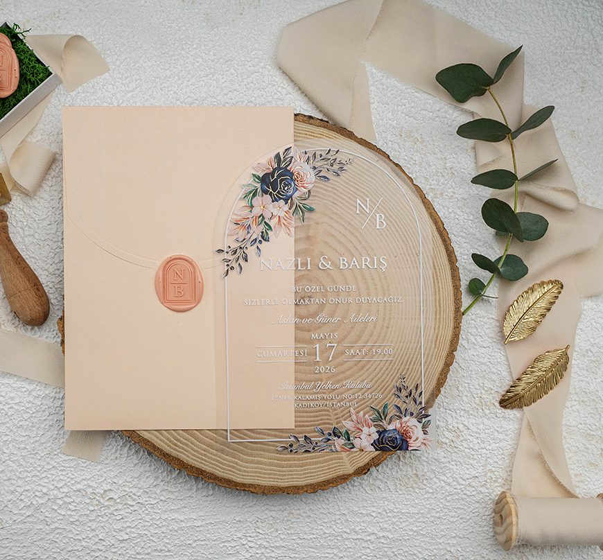 Faire part plexiglas rose fleuri doré