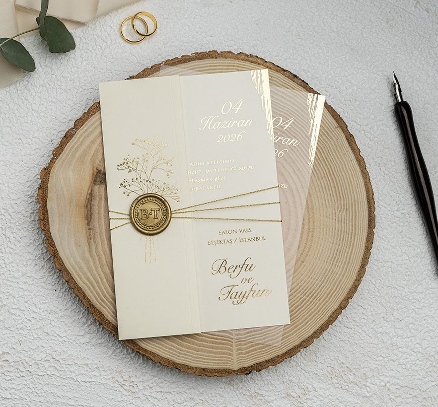 Faire part plexiglas beige dorée