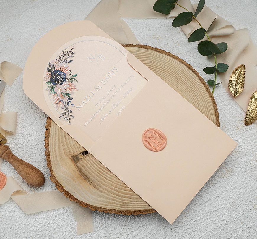 Faire part plexiglas rose fleuri doré