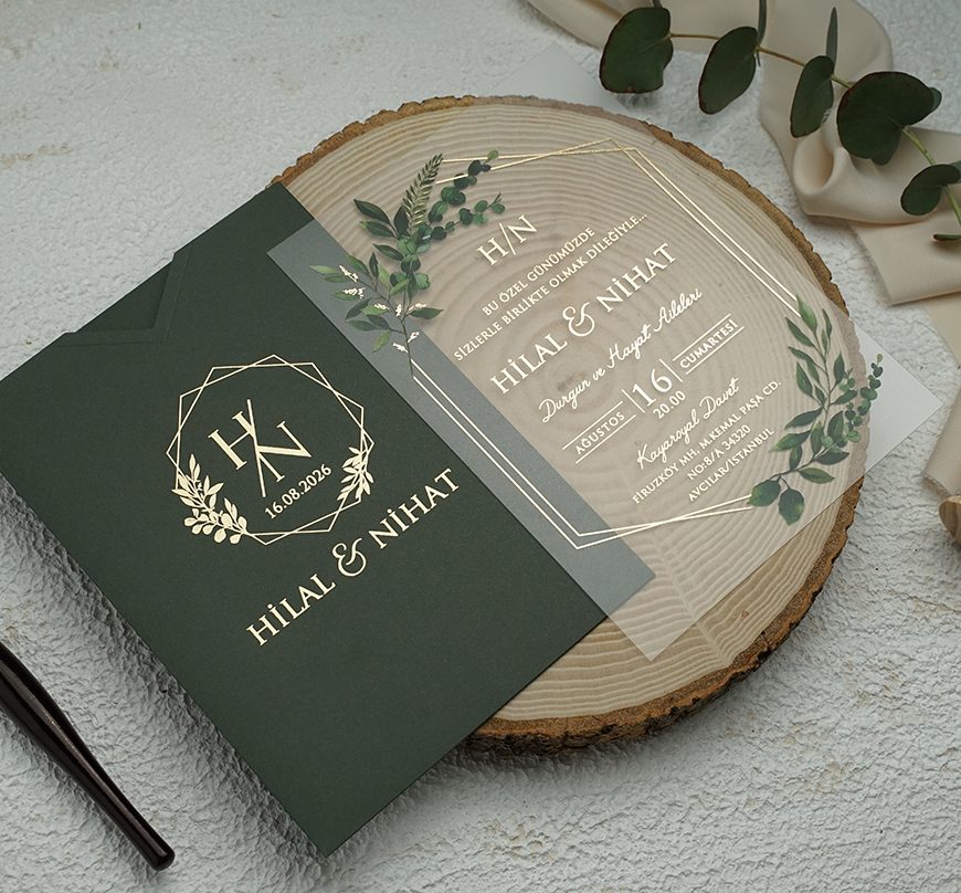 faire-part mariage plexiglas pochette vert dorée