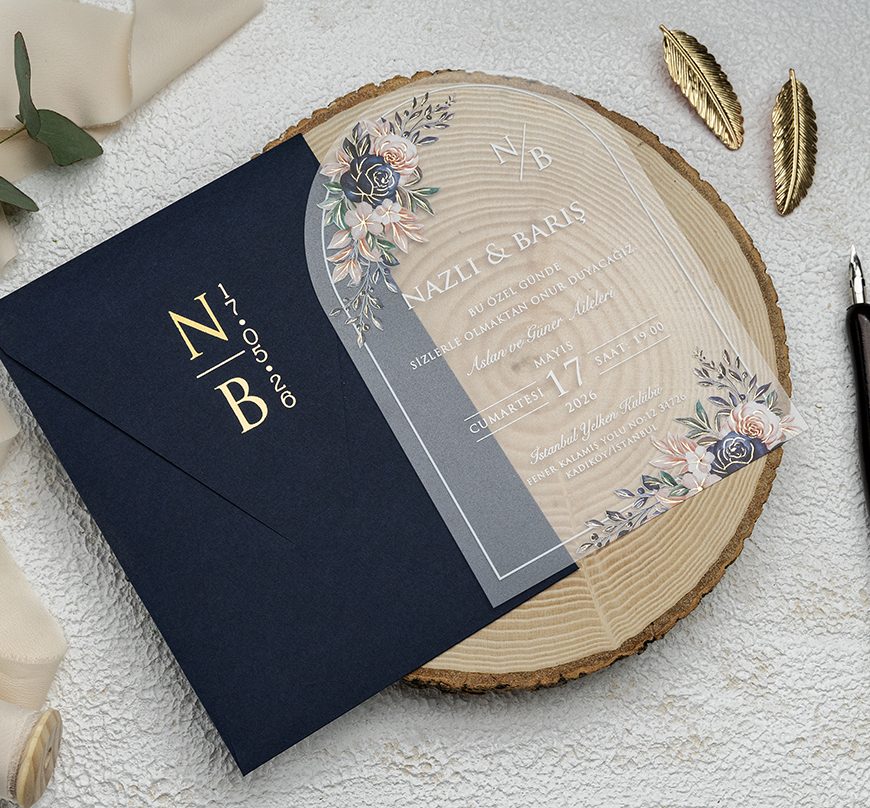 faire-part mariage plexiglas fleurie bleu nuit