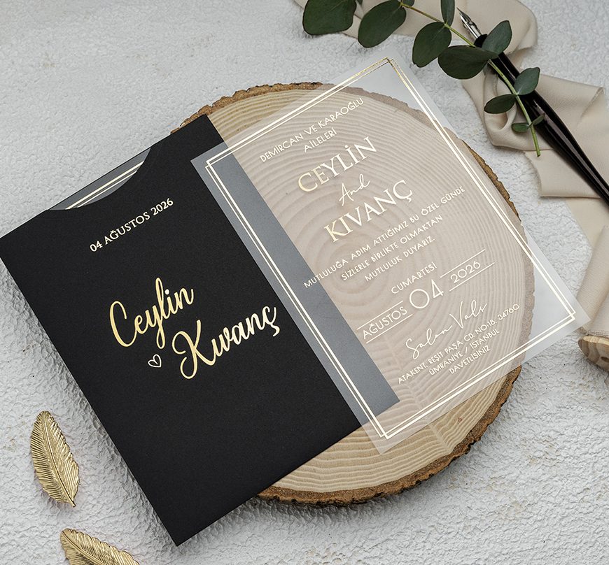 faire-part mariage plexiglas pochette noire dorée